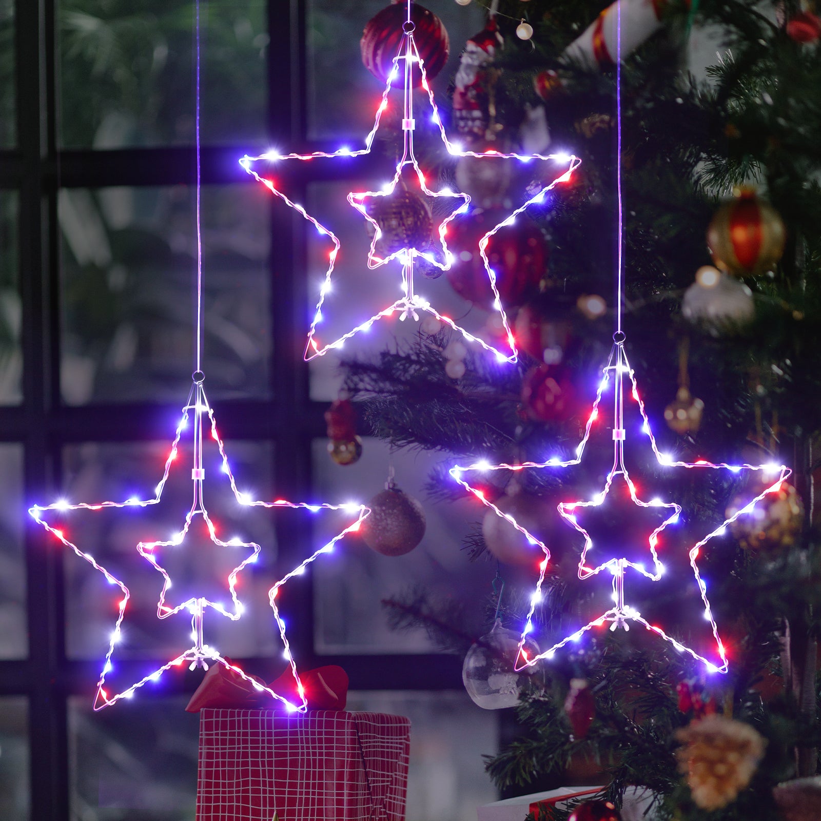 3-Pack Large Hanging Star String Lights, Remote Controlled Multi-Color Window Curtain Lights for Bedroom and Patio,