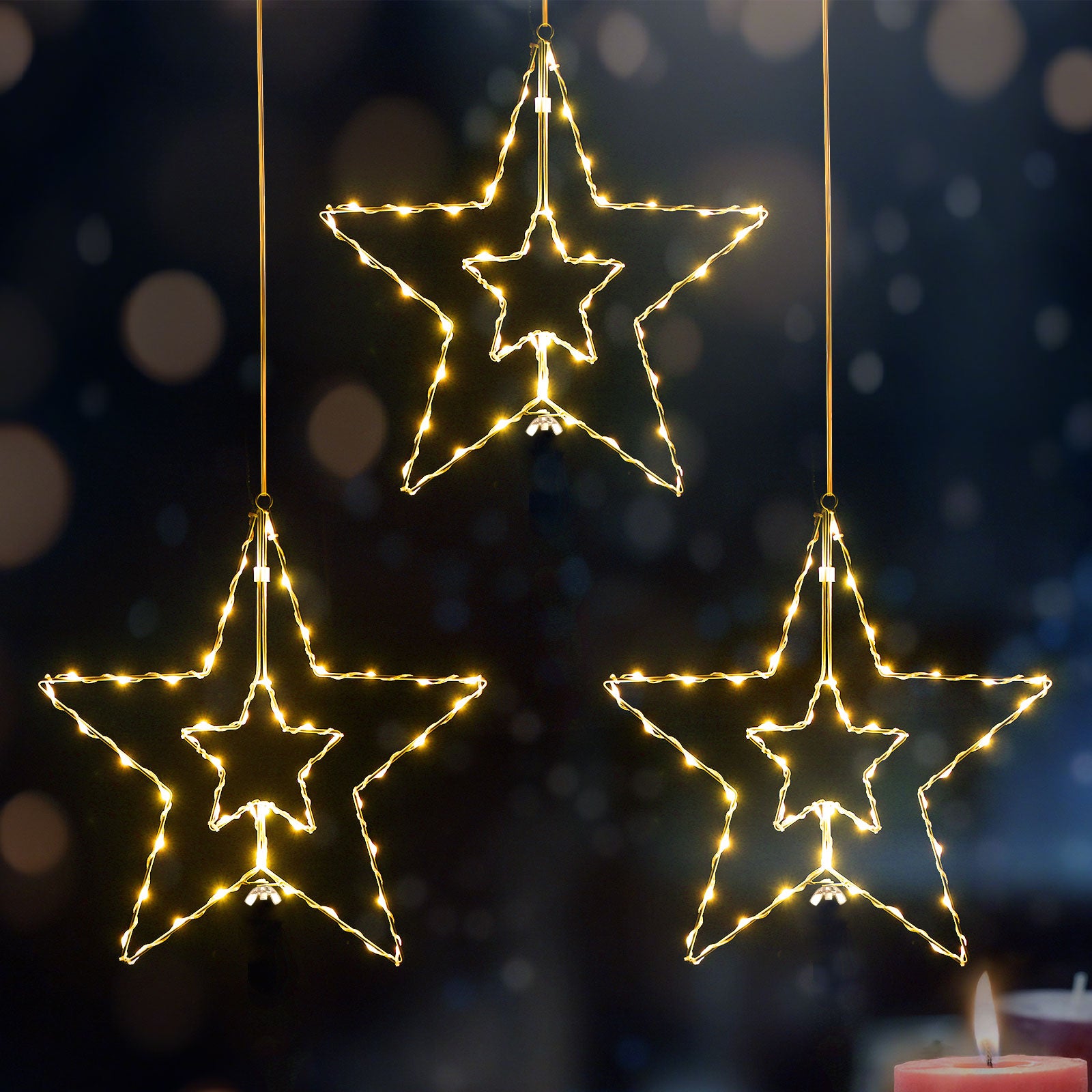 3-Pack Large Hanging Star String Lights, Remote Controlled Multi-Color Window Curtain Lights for Bedroom and Patio,