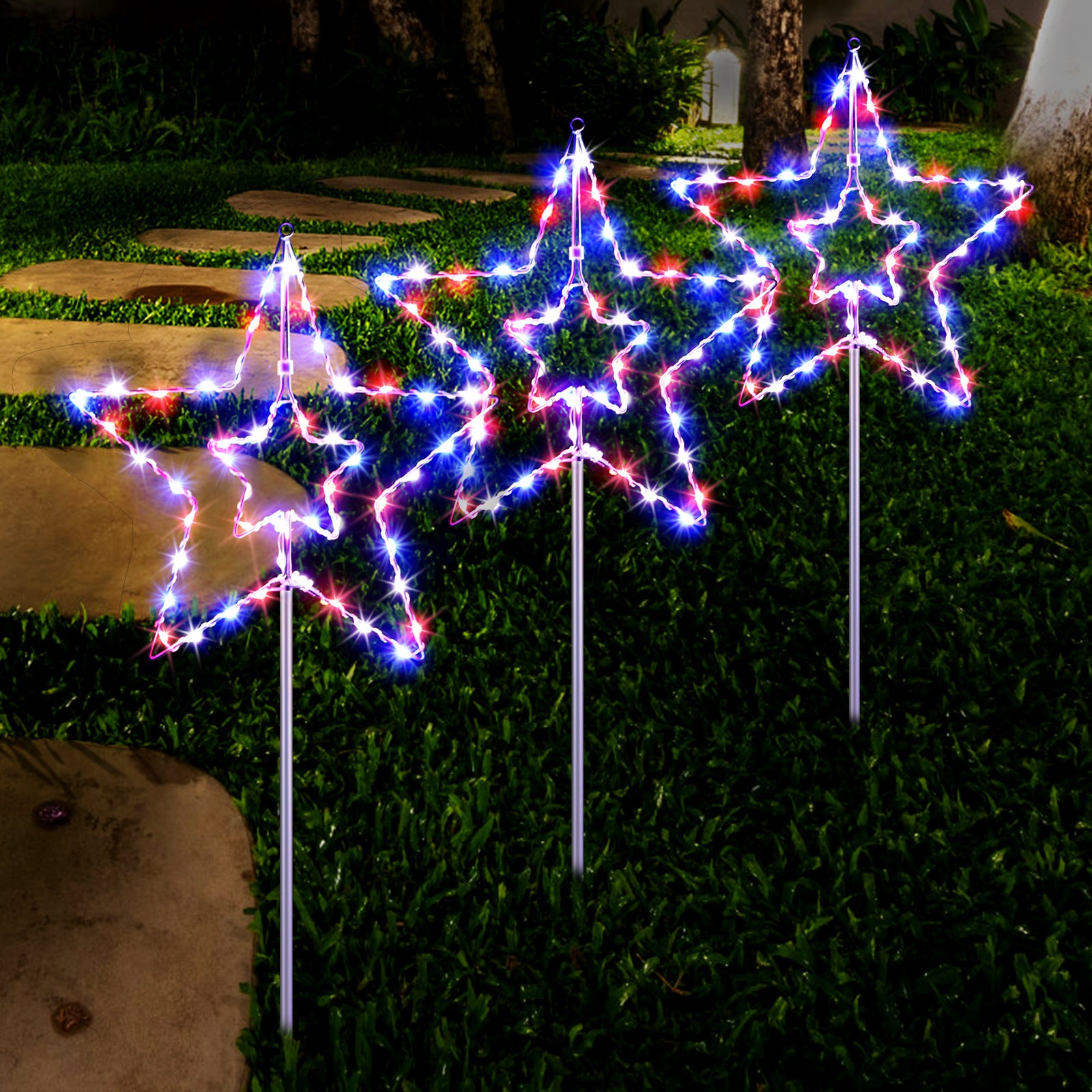 3-Pack Plug-In Large Star Pathway Lights, Multi-Color Outdoor Landscape Lighting for Garden, Lawn, and Walkway Decor,