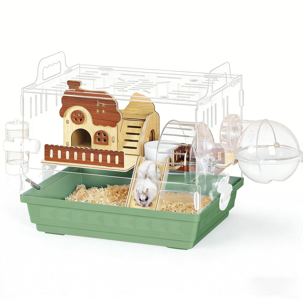 Acrylic Hamster Cage, 360Â° Transparent View Habitat with Running Wheel & Wooden Hideout for Dwarf/Syrian Hamsters, Green, 13.3" L x 10.2" W x 12.4" H