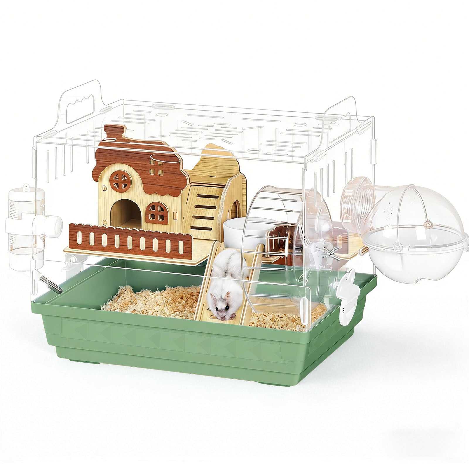Acrylic Hamster Cage, 360Â° Transparent View Habitat with Running Wheel & Wooden Hideout for Dwarf/Syrian Hamsters, Green, 13.3" L x 10.2" W x 12.4" H