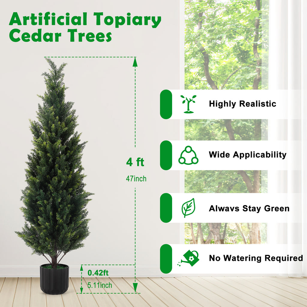 2-Pack 3Ft Artificial Cedar Topiary Trees, Faux Outdoor Cedar Bush in Decorative Pots for Front Porch and Patio,