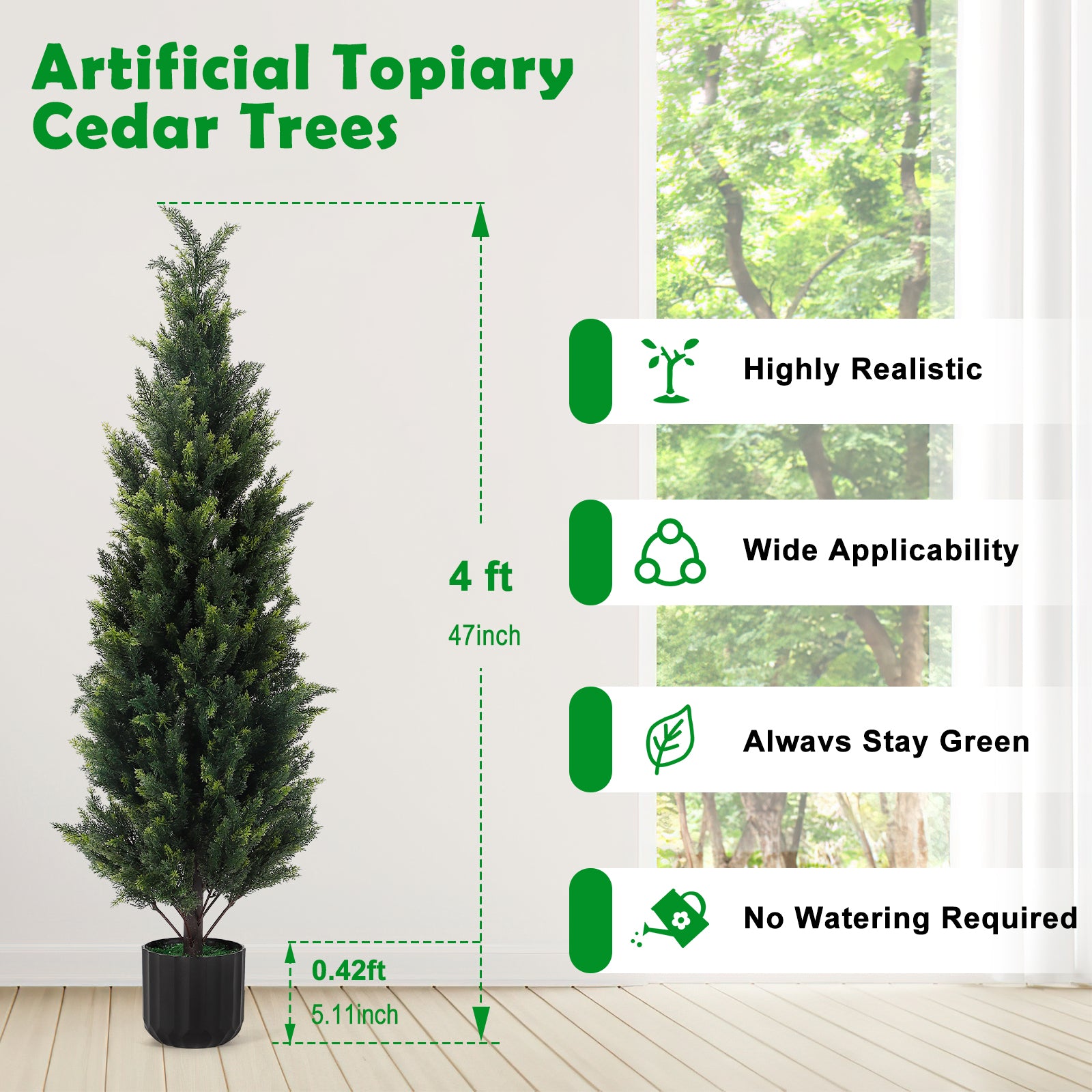 2-Pack 3Ft Artificial Cedar Topiary Trees, Faux Outdoor Cedar Bush in Decorative Pots for Front Porch and Patio,
