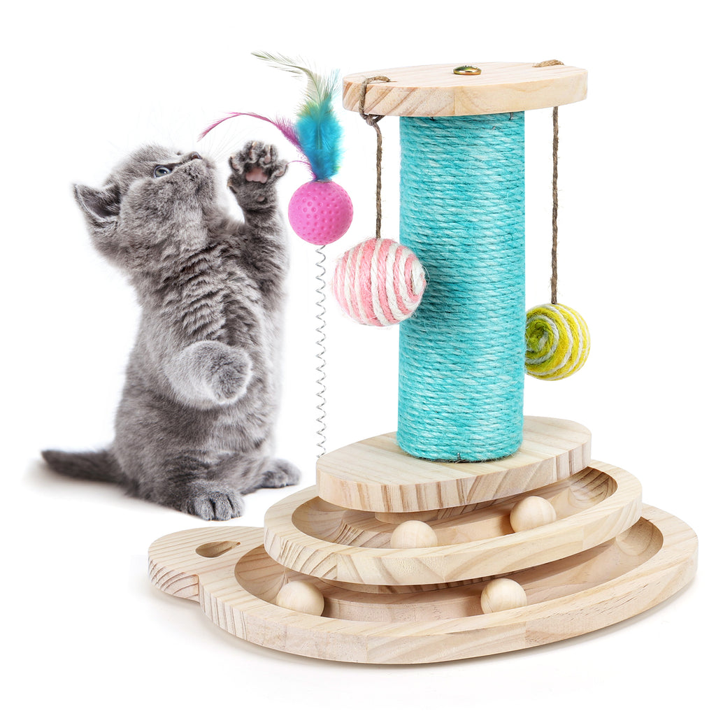 Wooden Cat Scratching Post with 2-Tier Ball Track - Interactive Kitten Turntable Toy