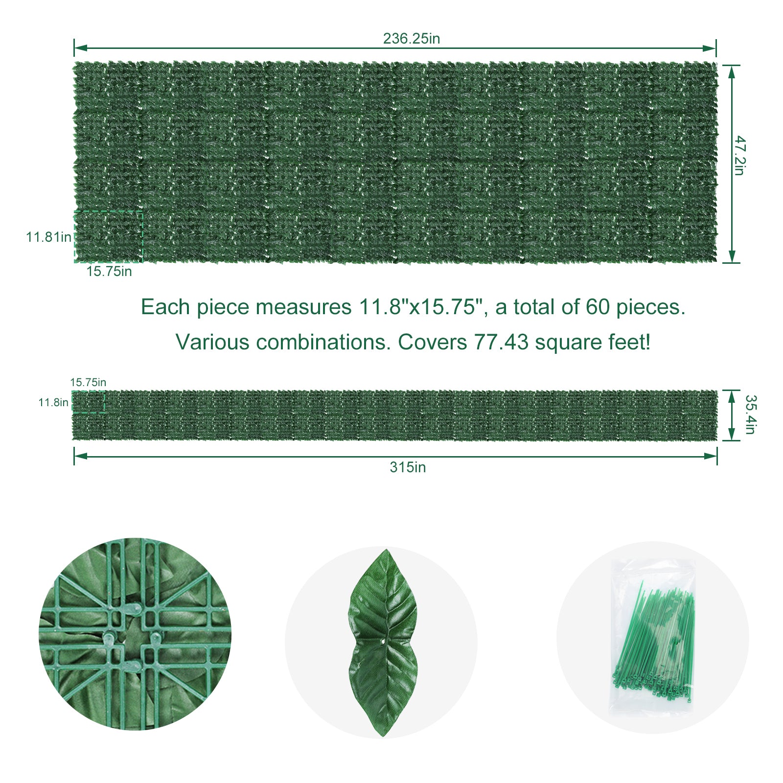 Artifical Ivy Privacy Fence (Green Apple Style) - 47.2inch x 157.5inch(40 pieces) Faux Vine Wall for Garden & Balcony