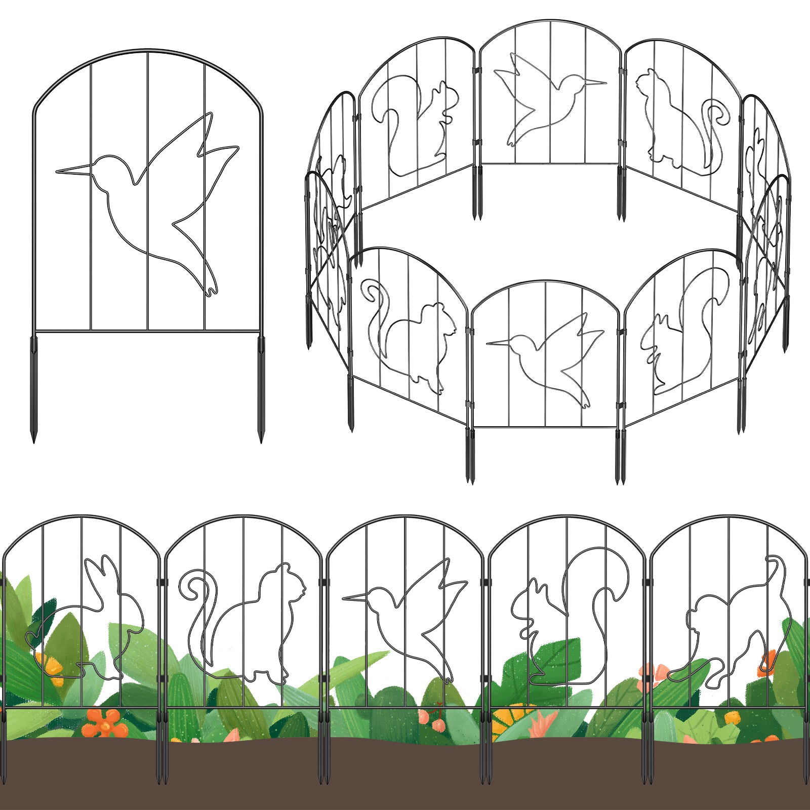 10-Panel Animal Pattern Garden Fence - 10.4FT Decorative Metal Border Edging for Yard & Path