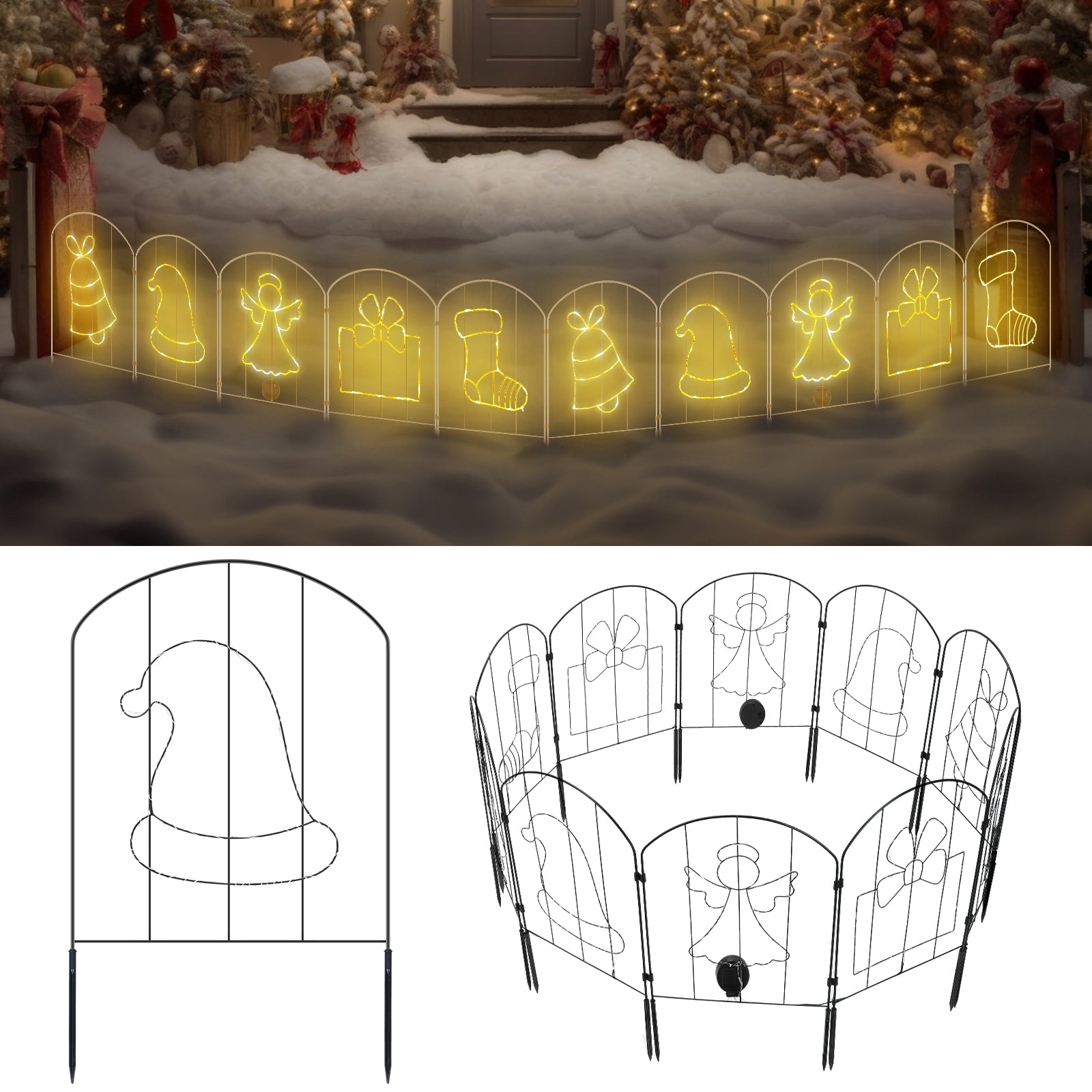 10-Pack Solar Outdoor Garden Fence Lights - 10FT Waterproof Landscape Path Lights with Holiday Patterns