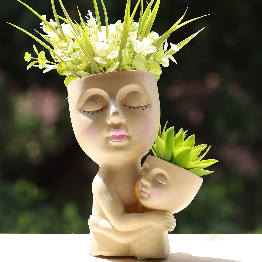 Double-Head Face Planter Pot for Mommy & Child - Resin Succulent Pot with Drainage Hole for Home