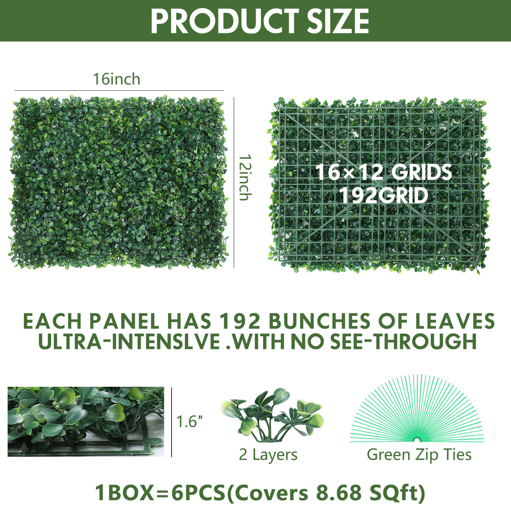 10-Pack 16inch x 12inch Artificial Grass Wall Panels - PE Boxwood Hedge Backdrop for Fence & Garden