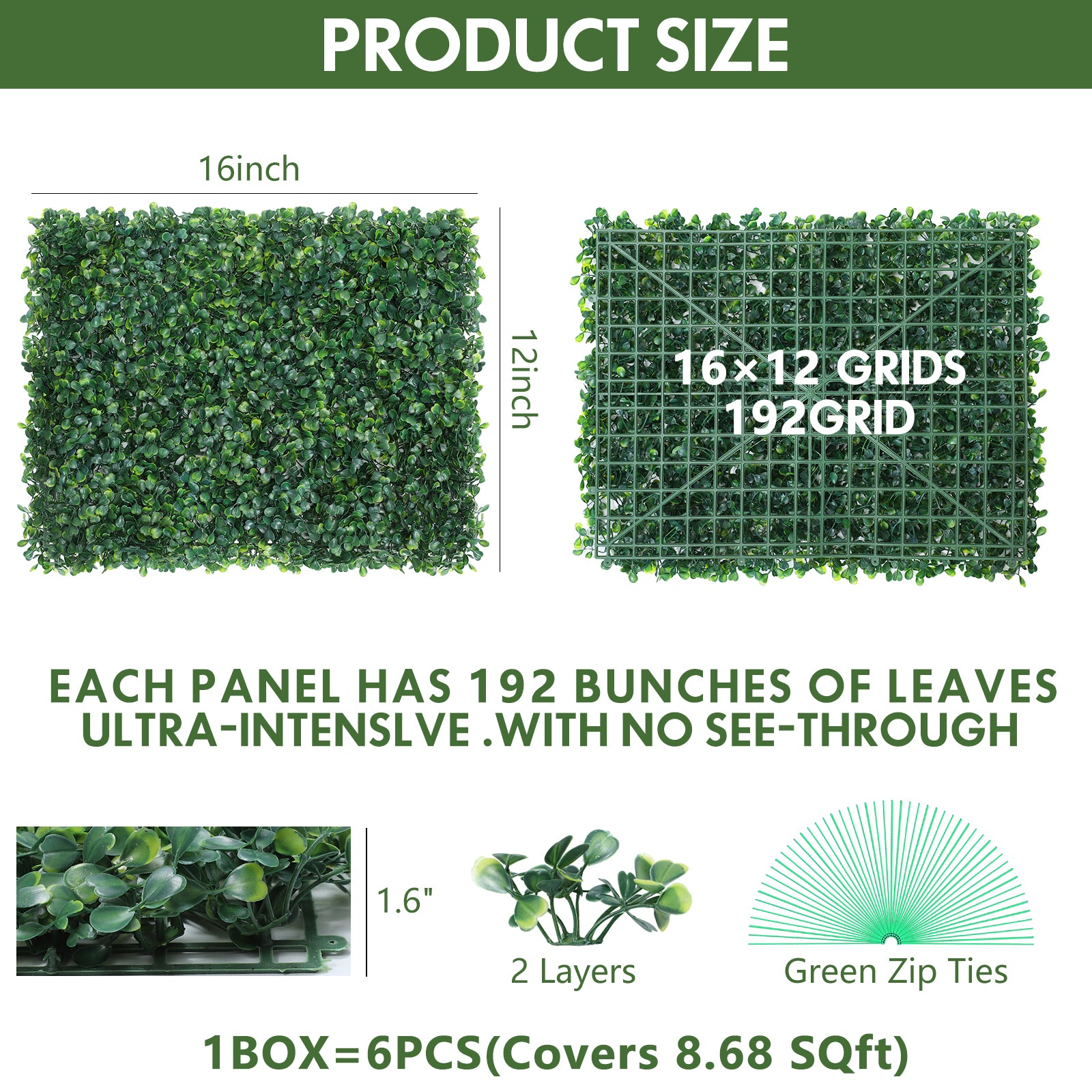 10-Pack 16inch x 12inch Artificial Grass Wall Panels - PE Boxwood Hedge Backdrop for Fence & Garden