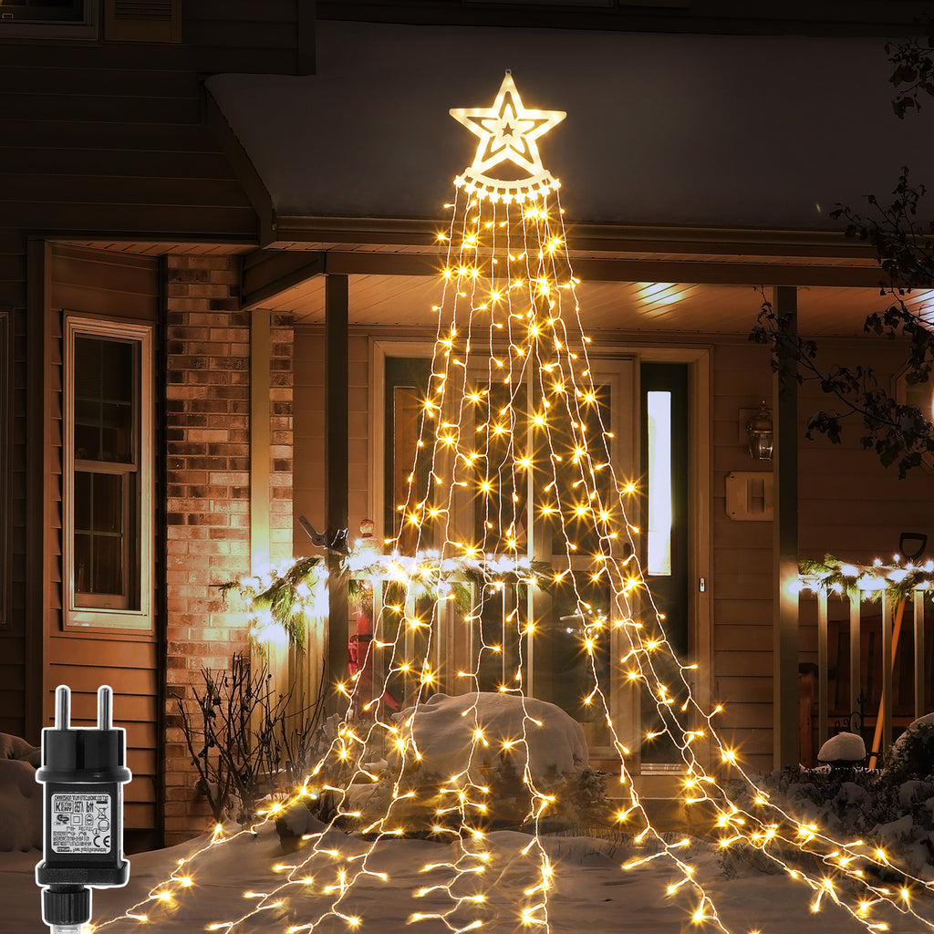 12FT Christmas Waterfall Lights with 14inch Star Topper - 350 LED Outdoor Star String Lights for Yard