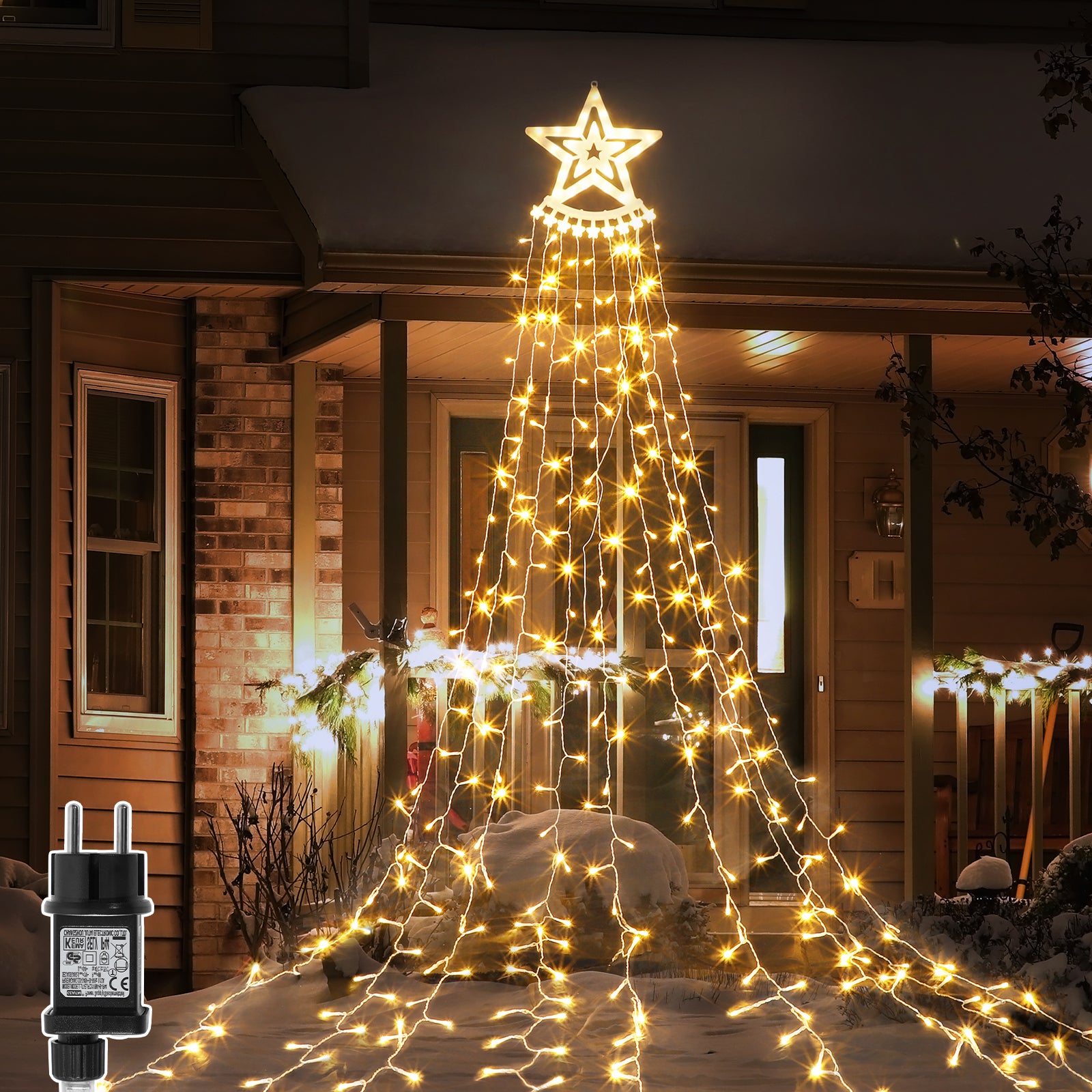 12FT Christmas Waterfall Lights with 14inch Star Topper - 350 LED Outdoor Star String Lights for Yard