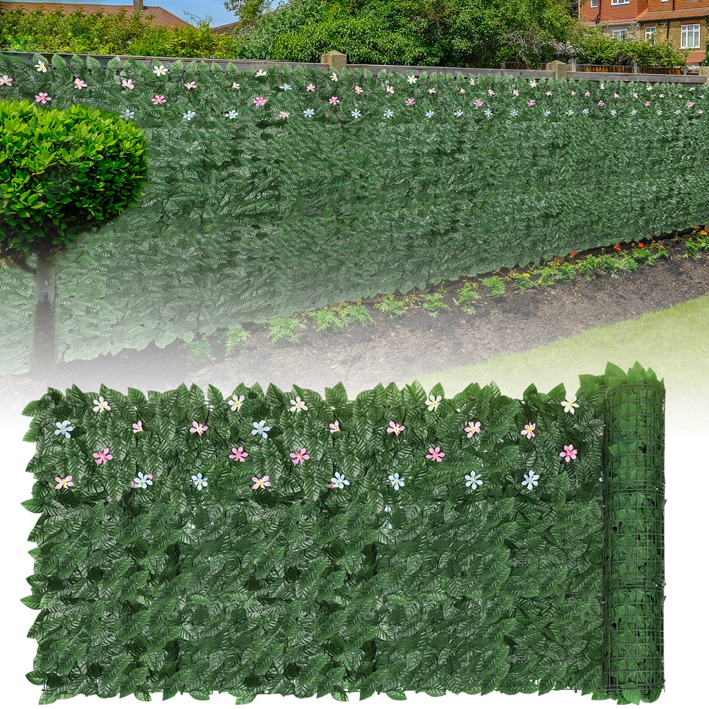 12.6inch x 16.5inch Artificial Ivy Fence-Dark Leaves (24pieces) - Faux Vine Privacy Screen with Flowers for Balcony & Deck