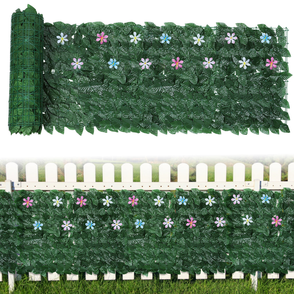 Artificial Ivy Privacy Fence with Flowers (126inch x 35.4inch) - Faux Vine Grass Wall for Garden & Patio