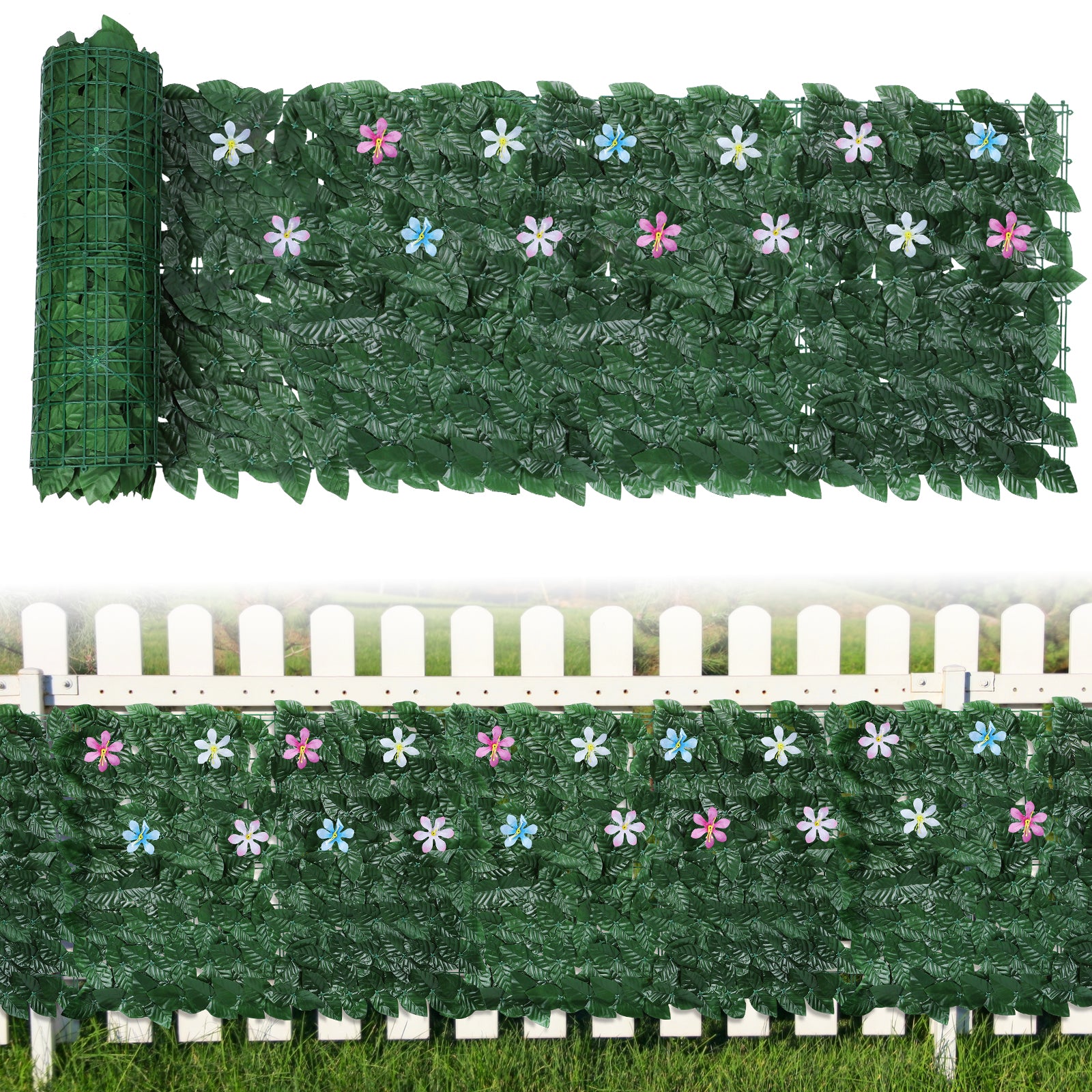 Artificial Ivy Privacy Fence with Flowers (126inch x 35.4inch) - Faux Vine Grass Wall for Garden & Patio