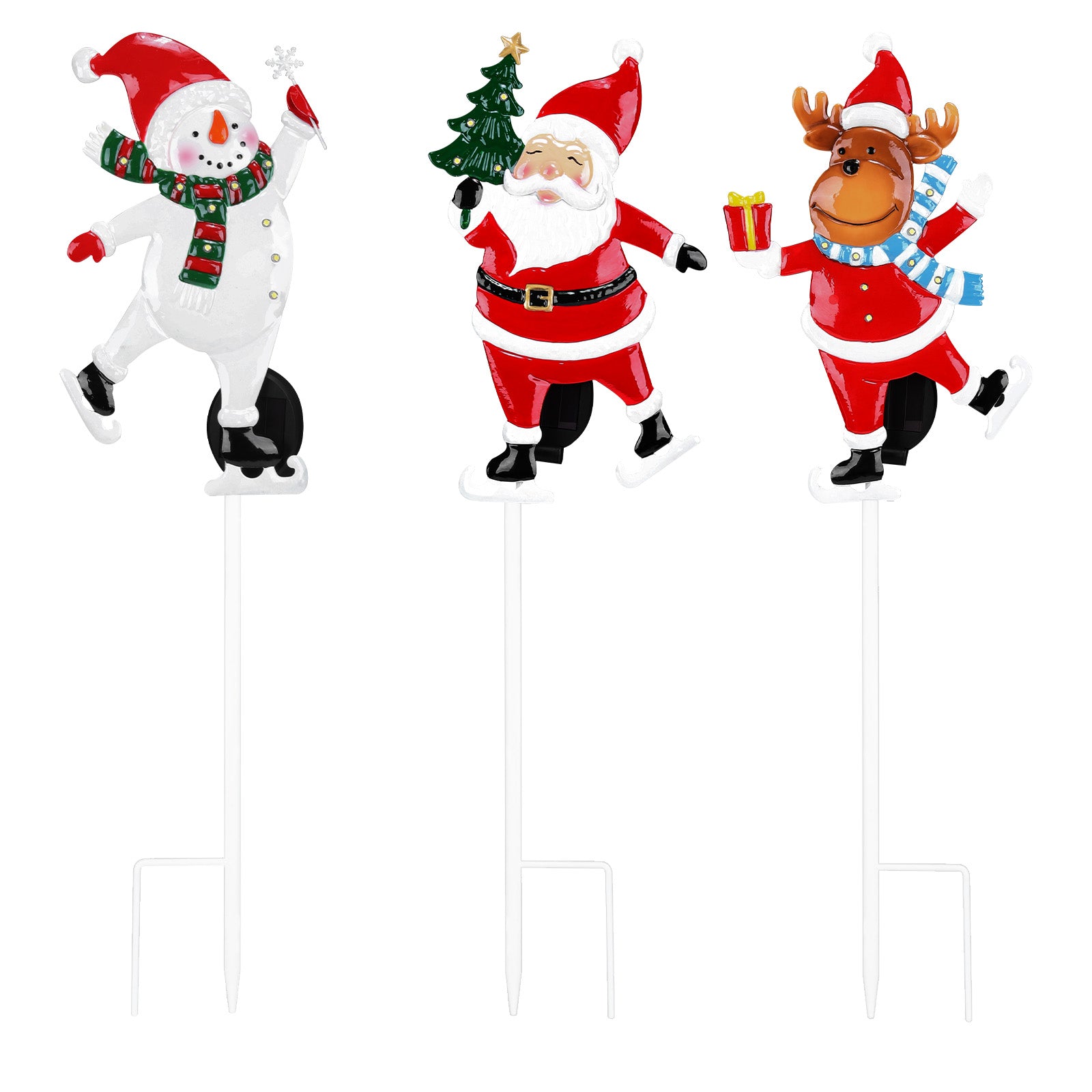 Solar Christmas Yard Stakes, 3-Pack - Metal Santa, Snowman & Reindeer Garden Lights for Path & Lawn