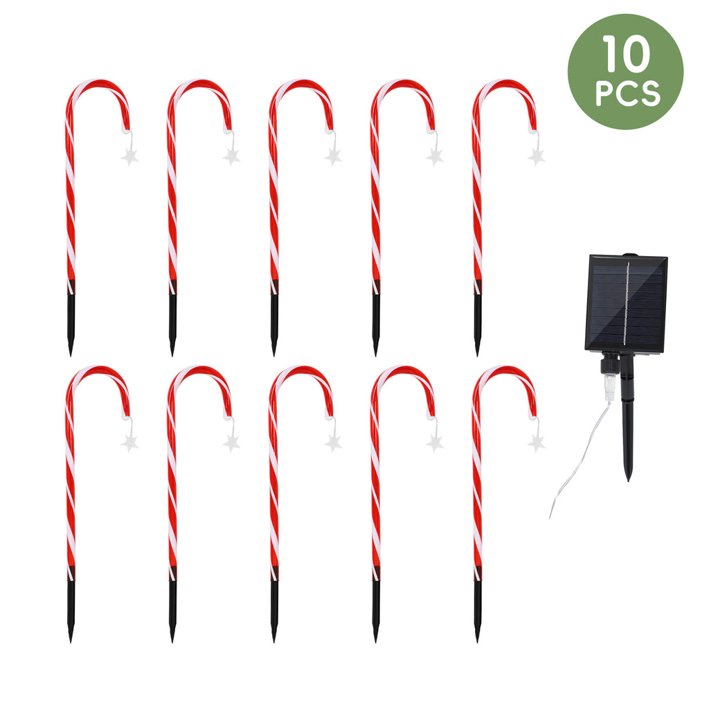 10-Pack Solar Candy Cane Lights - 22inch Christmas Pathway Markers with 8 Lighting Modes