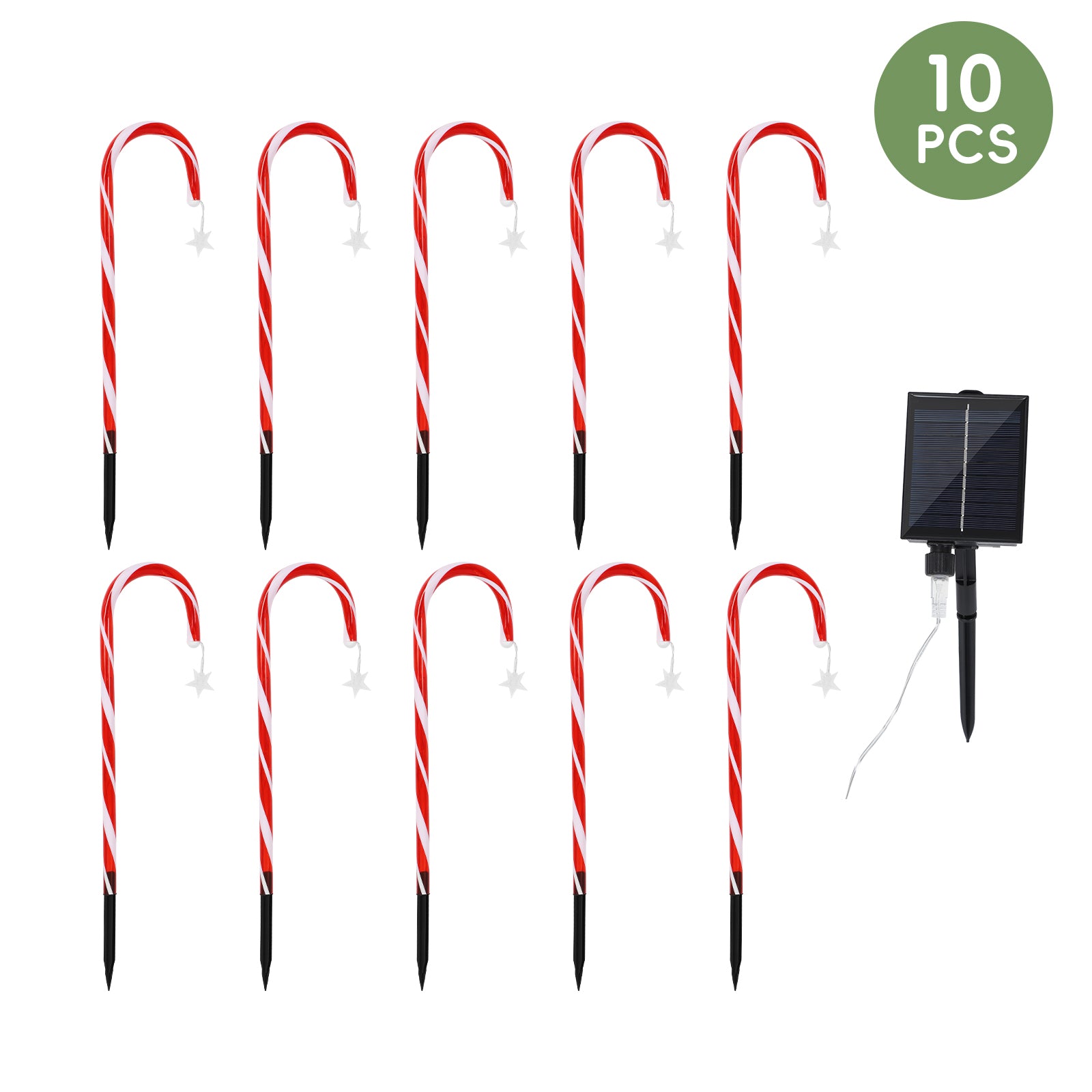 10-Pack Solar Candy Cane Lights - 22inch Christmas Pathway Markers with 8 Lighting Modes