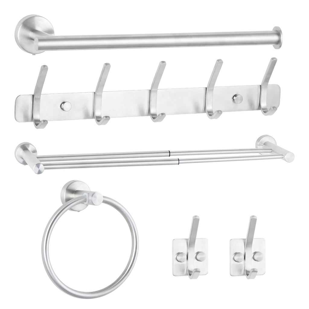 6-Piece Silver Bathroom Accessories Set - Adjustable Towel Bar, Toilet Paper Holder & Robe Hooks