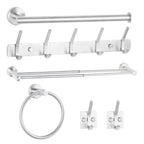 6-Piece Silver Bathroom Accessories Set - Adjustable Towel Bar, Toilet Paper Holder & Robe Hooks