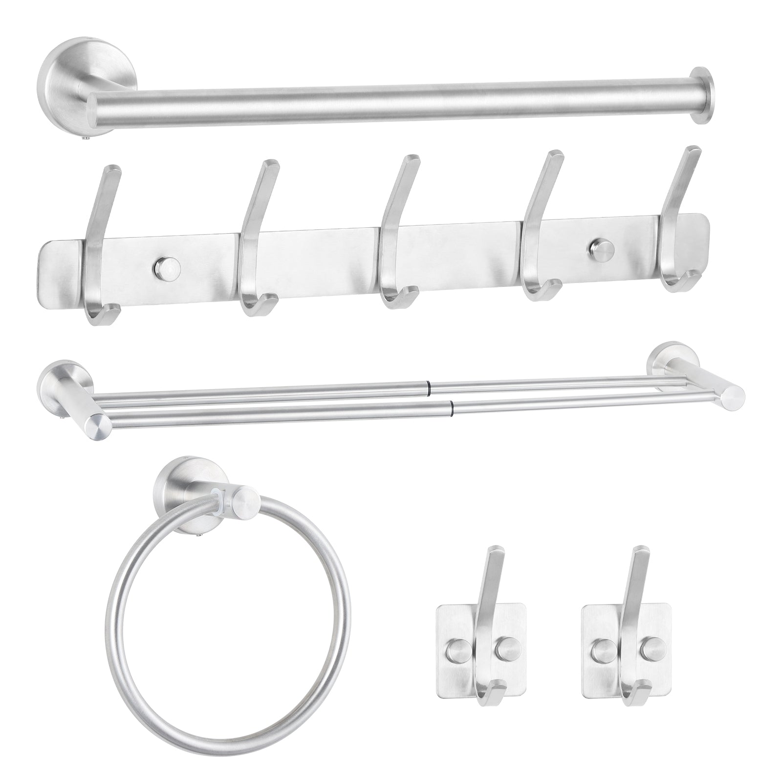 6-Piece Silver Bathroom Accessories Set - Adjustable Towel Bar, Toilet Paper Holder & Robe Hooks