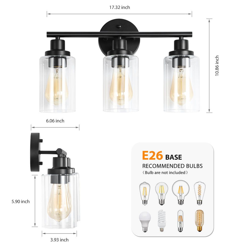 3-Light Industrial Bathroom Vanity Light - Matte Black Wall Sconce with Clear Glass Shades