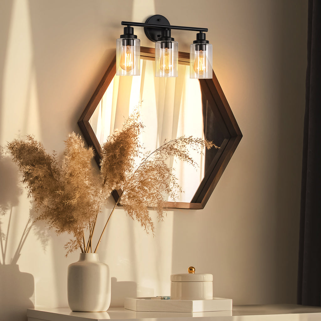 3-Light Industrial Bathroom Vanity Light - Matte Black Wall Sconce with Clear Glass Shades