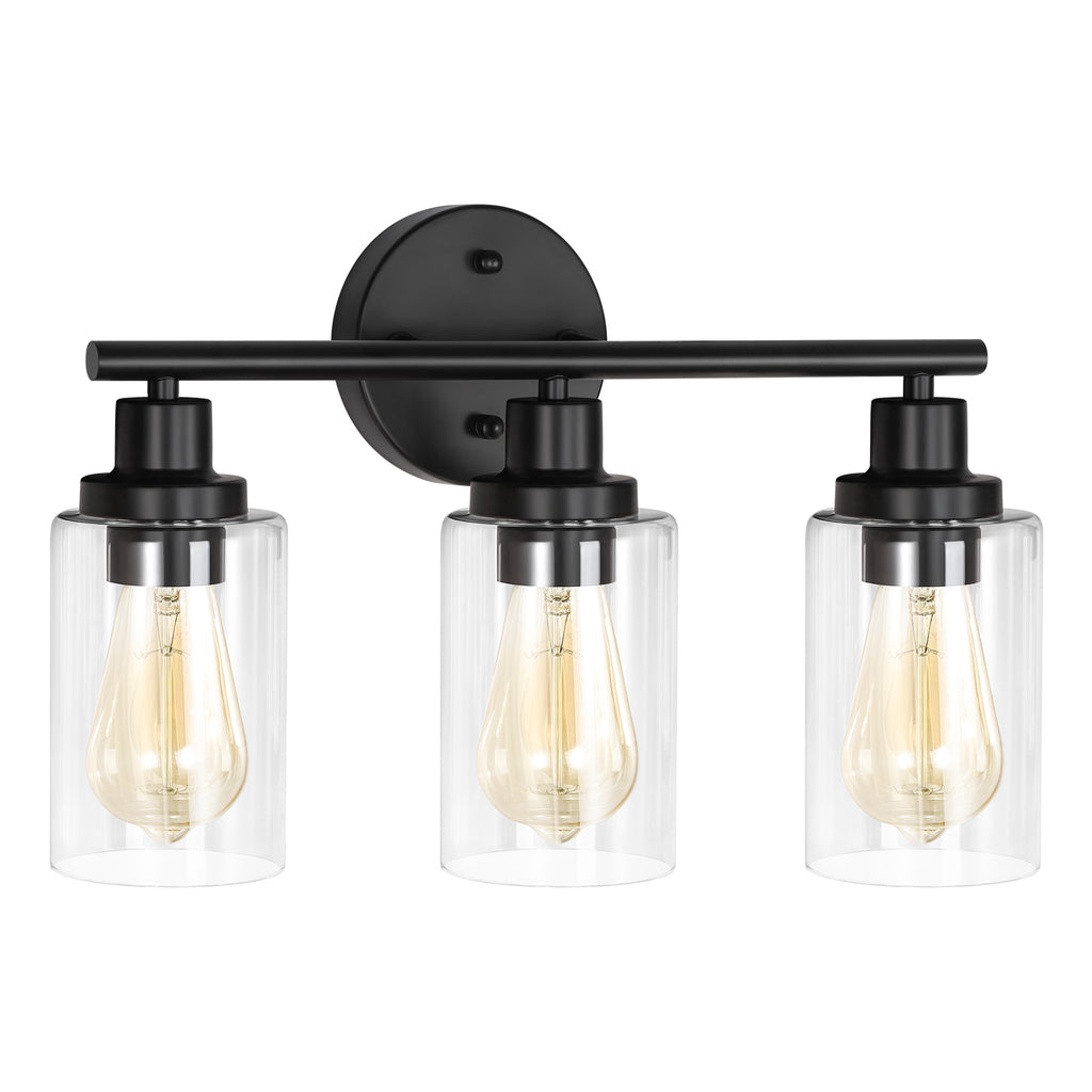 3-Light Industrial Bathroom Vanity Light - Matte Black Wall Sconce with Clear Glass Shades