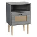 Mid-Century Modern Rattan Nightstand - Boho Grey Side Table with Drawer for Bedroom