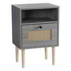 Mid-Century Modern Rattan Nightstand - Boho Grey Side Table with Drawer for Bedroom