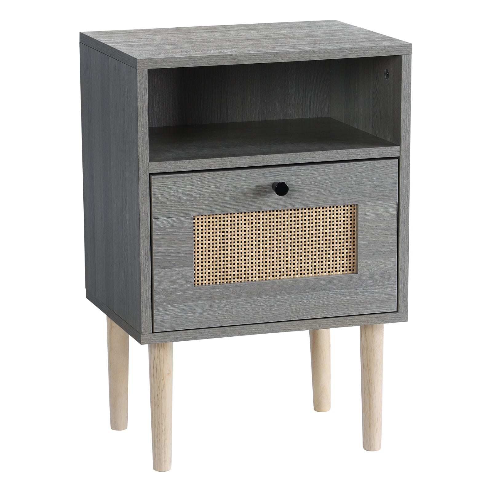 Mid-Century Modern Rattan Nightstand - Boho Grey Side Table with Drawer for Bedroom