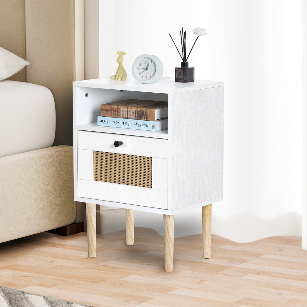 Mid-Century Modern Rattan Nightstand - Boho Grey Side Table with Drawer for Bedroom
