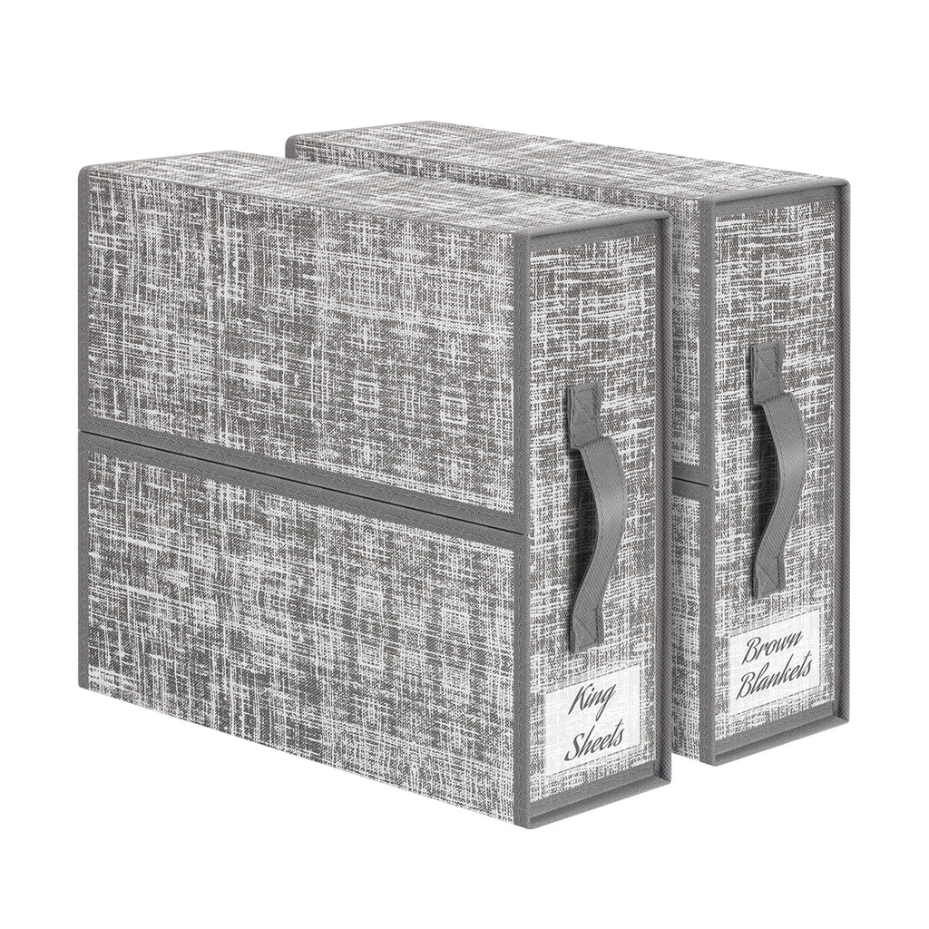 2-Pack Bed Sheet Storage Organizers - Grey Linen Closet Box with Label Pocket & Zipper
