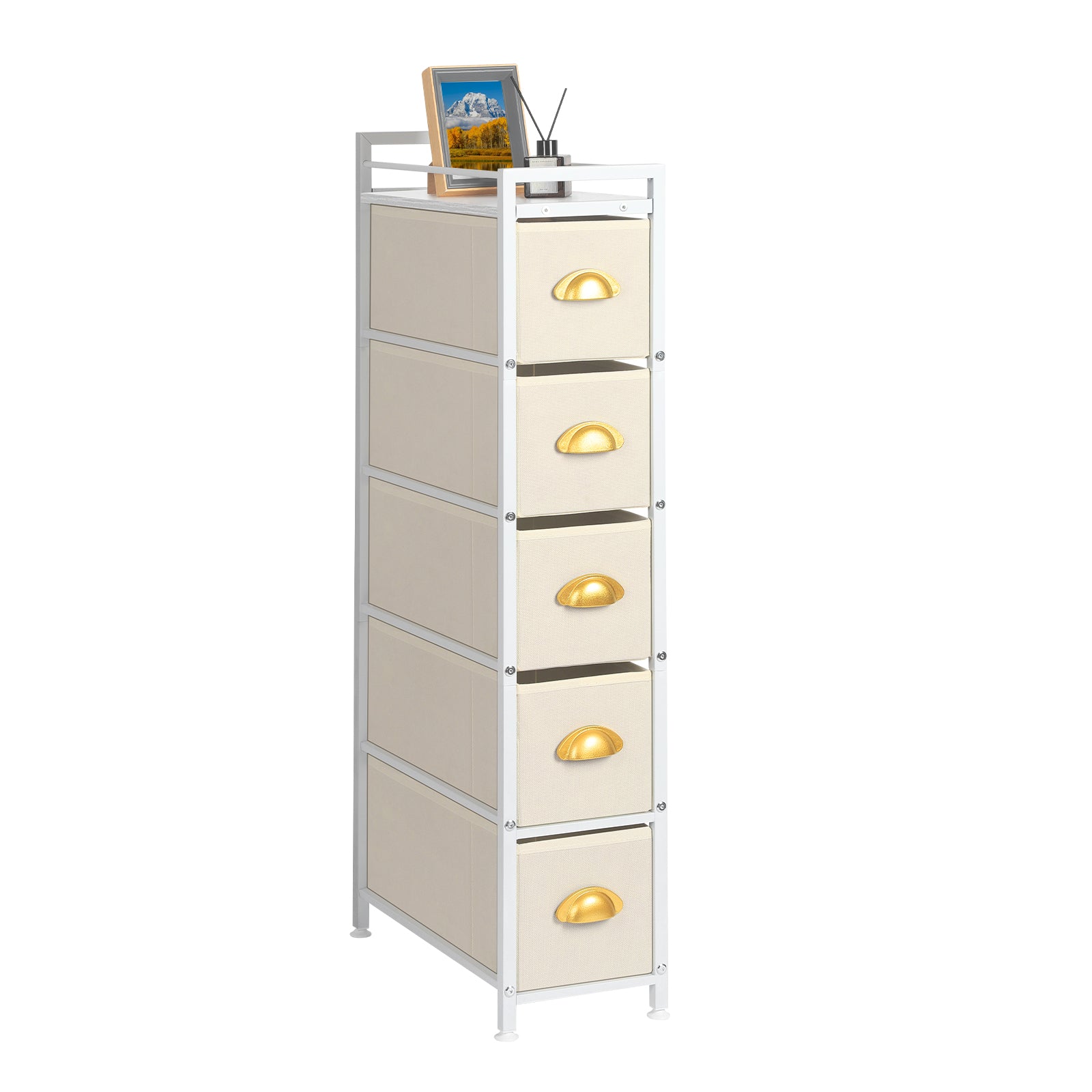5-Tier Narrow Beige Dresser - Tall Slim Fabric Storage Cabinet for Living Room & Gaps