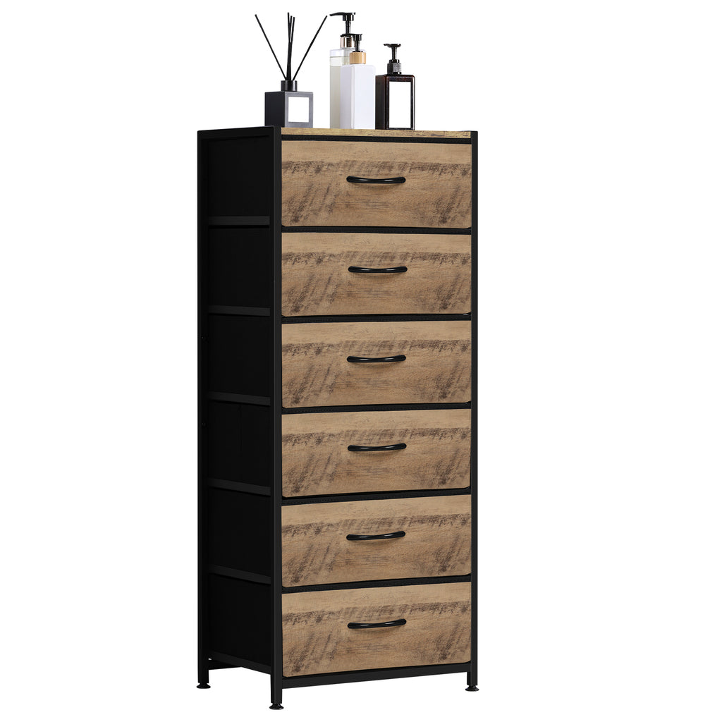 6-Drawer Rustic Brown Dresser - Fabric Chest of Drawers with Wood Top for Bedroom