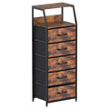 5-Drawer Tall Fabric Dresser - Brown Chest of Drawers with 2-Tier Wood Top for Small Spaces