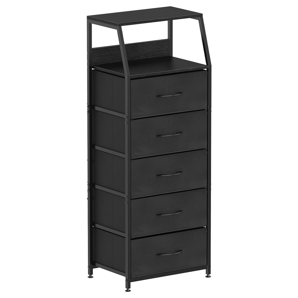 5-Drawer Tall Fabric Dresser - Brown Chest of Drawers with 2-Tier Wood Top for Small Spaces
