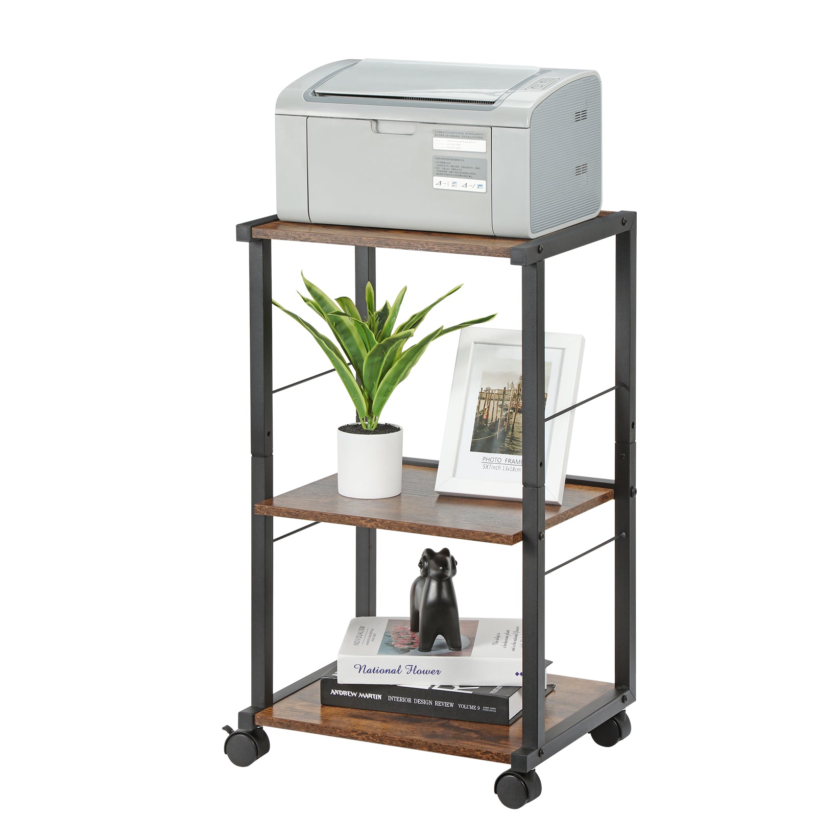 3-Tier Rolling Printer Stand - Under Desk Industrial Printer Cart with Adjustable Height