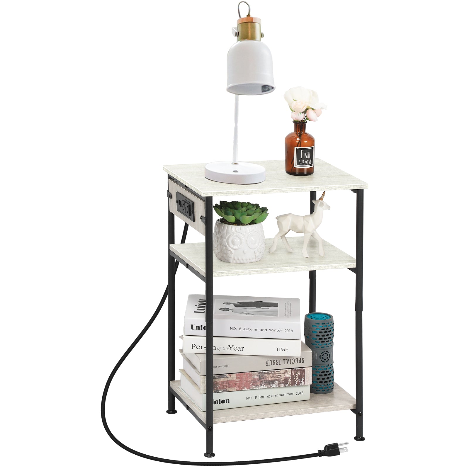 Bedside Table with Charging Station - 3-Tier Nightstand with USB Ports & Power Outlets