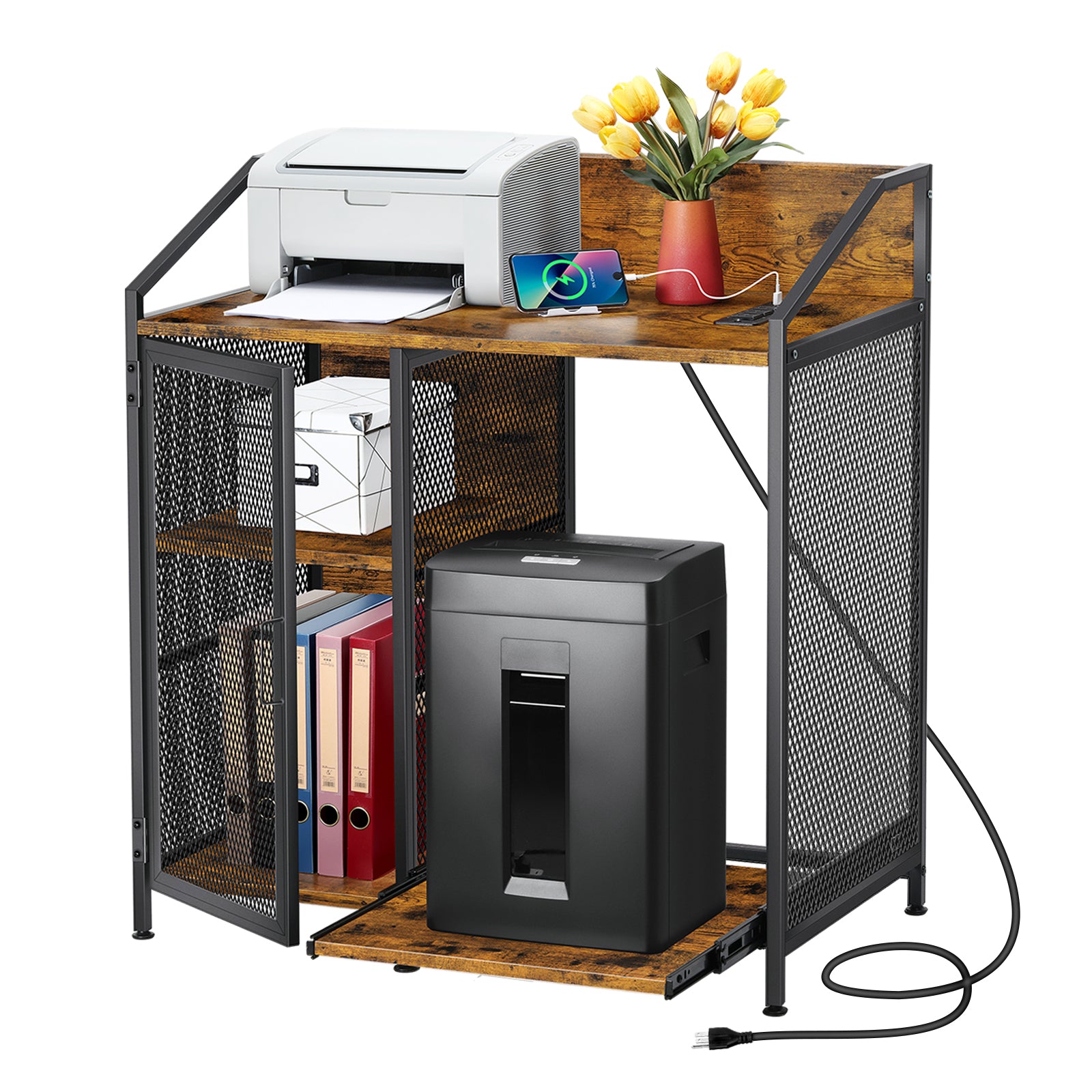 File Cabinet with Charging Station - 3-Tier Printer Stand & Paper Shredder Holder for Office