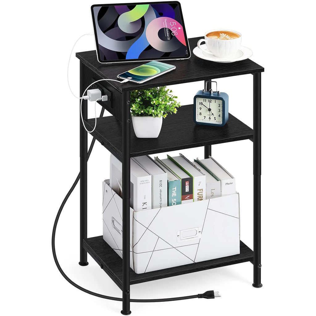 Bedside Table with Charging Station - 3-Tier Nightstand with USB Ports & Power Outlets