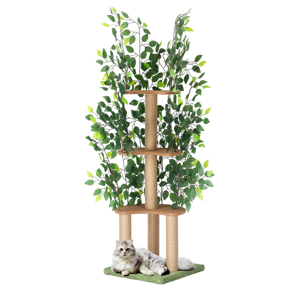 Modern Cat Tree with Artificial Leaves - Multi-Level Cat Tower with Scratching Posts & Hiding Spots