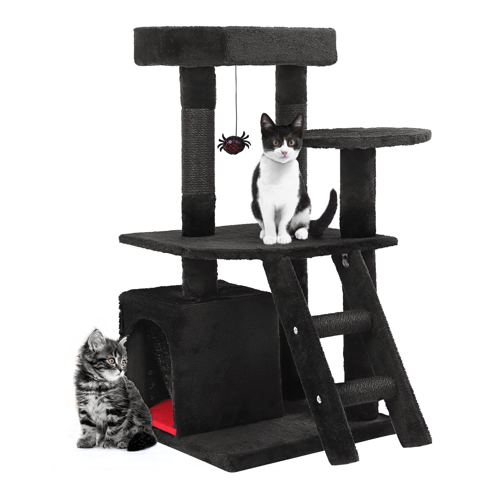 Gothic Cat Tree Tower with Coffin Bed & Spider Toy - 32" Multi-Level Kitty Condo with Scratching Posts & Ladder for Small to Medium Cats, Black