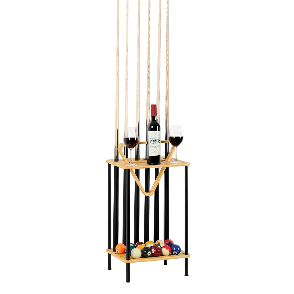 Premium Wooden Pool Cue Rack - Floor-Standing 6-Cue Holder with Accessory Tray, Natural Wood Finish