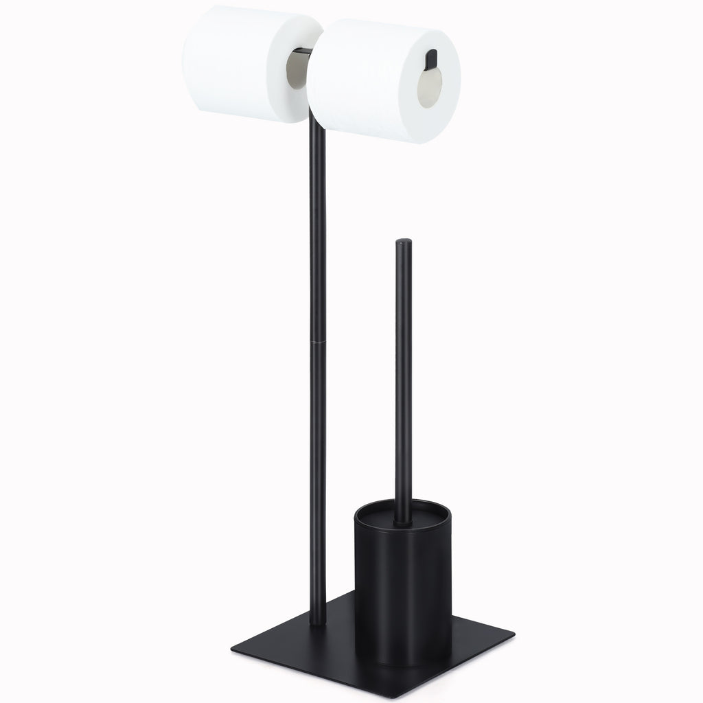 Free-Standing Toilet Paper Holder Stand - Dual Roll Dispenser with Integrated Toilet Brush & Storage, Matte Black