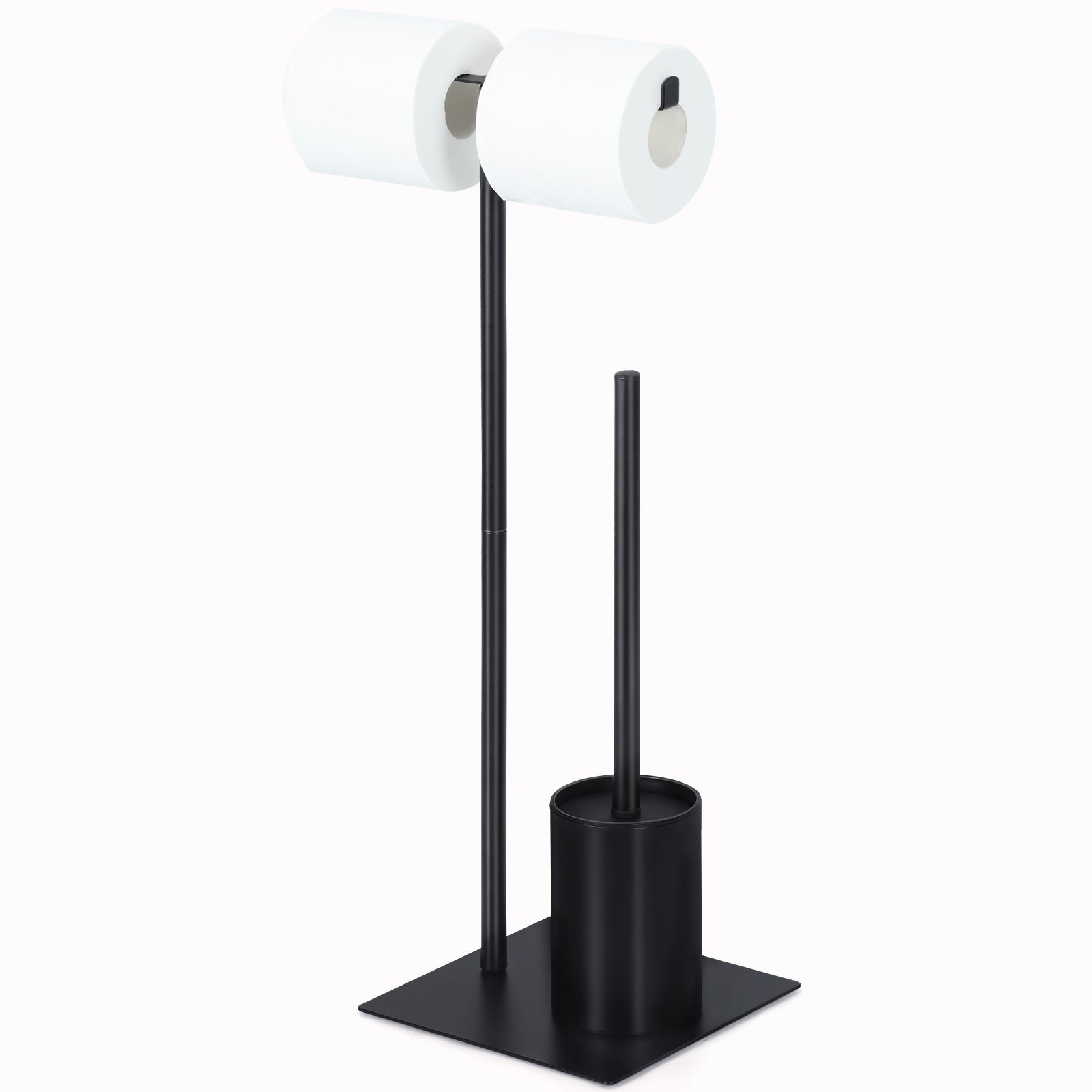 Free-Standing Toilet Paper Holder Stand - Dual Roll Dispenser with Integrated Toilet Brush & Storage, Matte Black