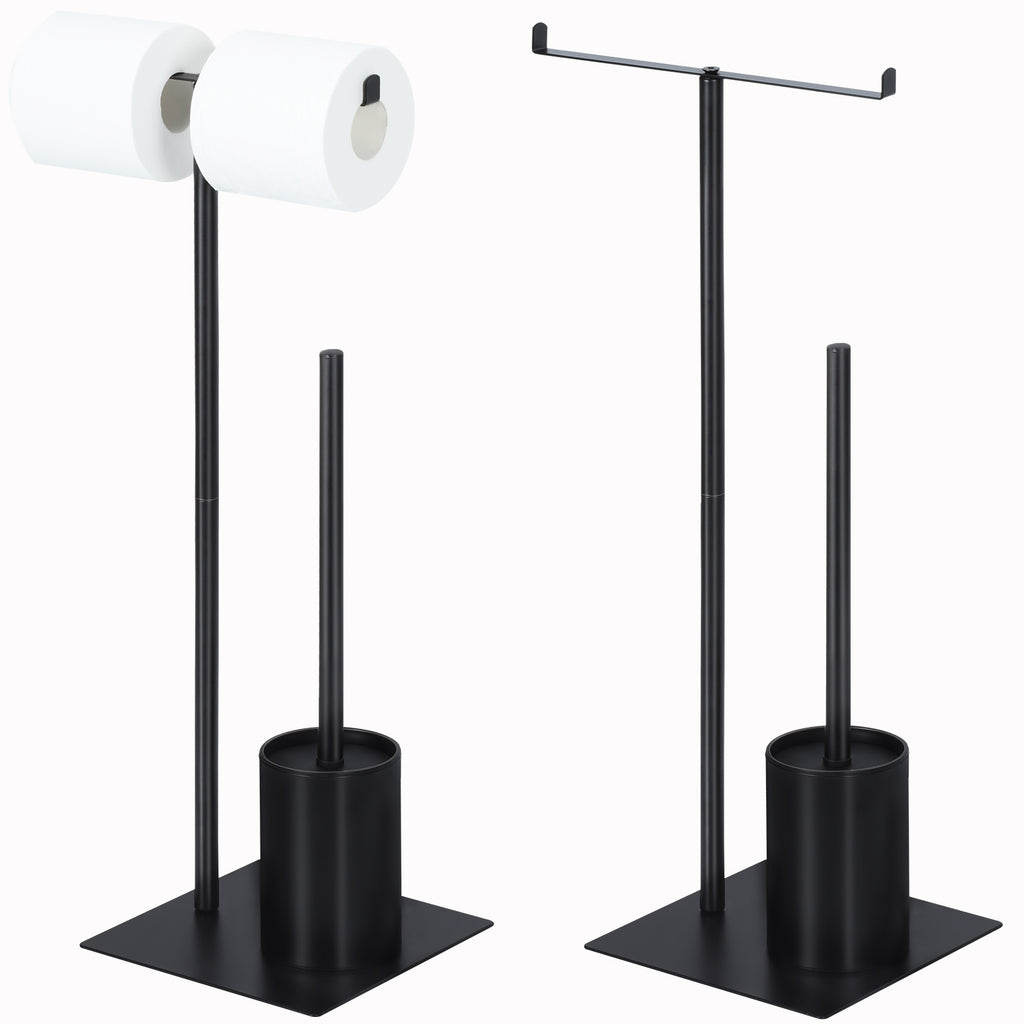 Free-Standing Toilet Paper Holder Stand - Dual Roll Dispenser with Integrated Toilet Brush & Storage, Matte Black