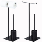 Free-Standing Toilet Paper Holder Stand - Dual Roll Dispenser with Integrated Toilet Brush & Storage, Matte Black