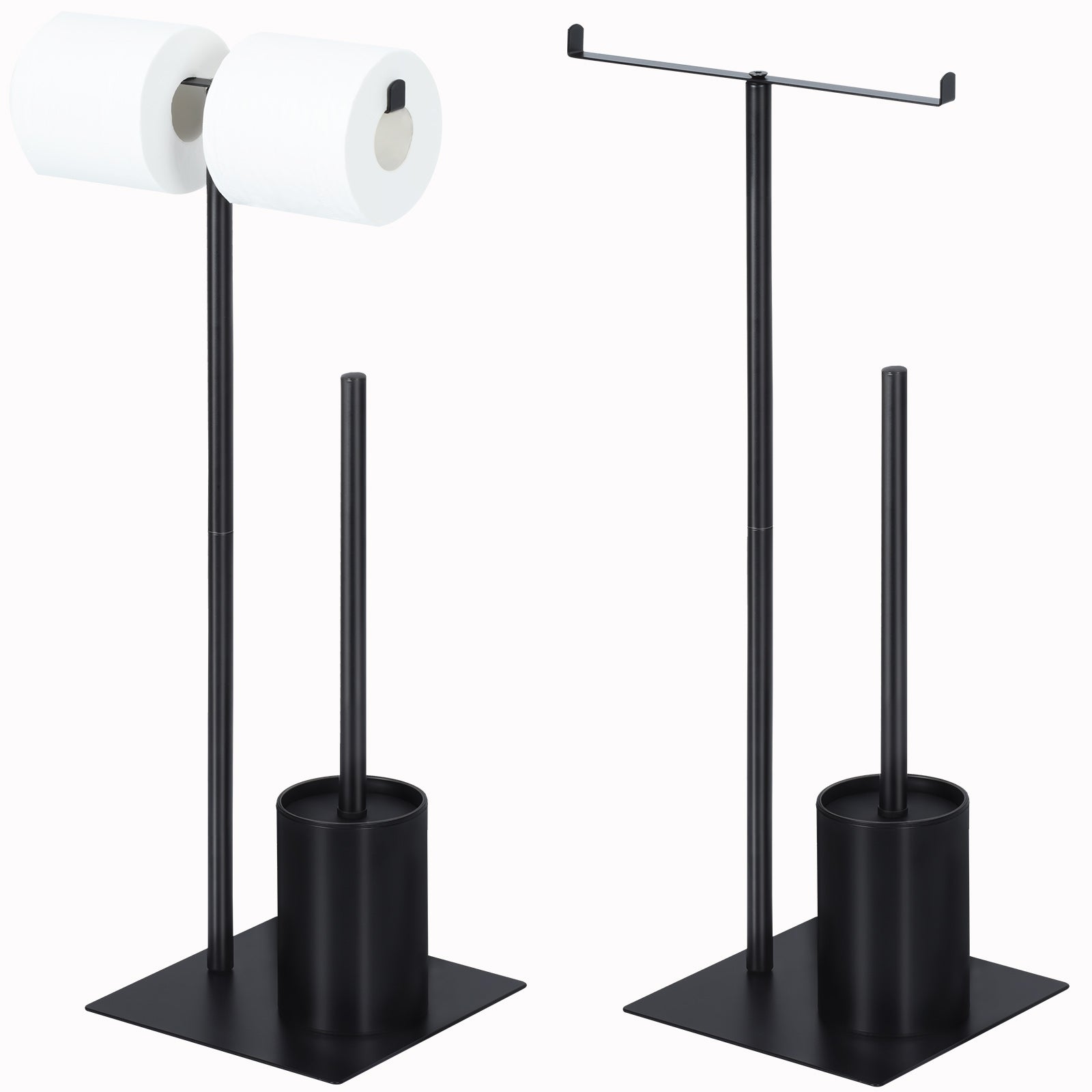 Free-Standing Toilet Paper Holder Stand - Dual Roll Dispenser with Integrated Toilet Brush & Storage, Matte Black