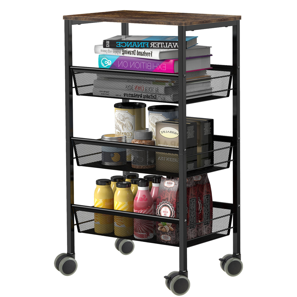 4-Tier Mesh Wire Rolling Utility Cart - Rustic Wood-Top Serving Trolley with Lockable Wheels for Kitchen